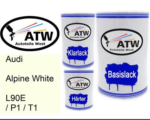 Audi, Alpine White, L90E / P1 / T1: 500ml Lackdose + 500ml Klarlack + 250ml Härter - Set, von ATW Autoteile West.